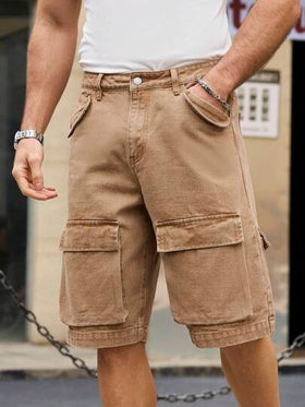 Manfinity Homme شورت جينز وشحنة كاجوال بلون بيج، بتصميم بسيط وعصري، مناسب للصيف