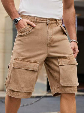 Manfinity Homme شورت جينز وشحنة كاجوال بلون بيج، بتصميم بسيط وعصري، مناسب للصيف