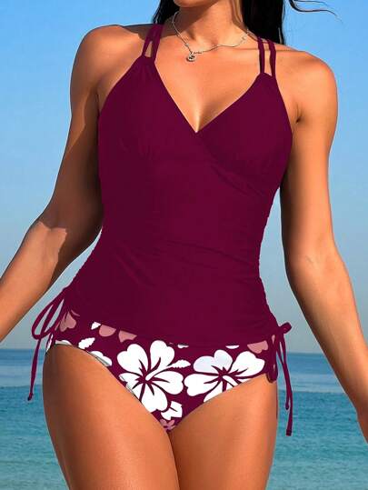 طقم تانكيني حريمي Swim Lushoire كامي كروس بطبعة زهور للنساء، قمصان علوية بتصميم دانتيل على شكل أربطة