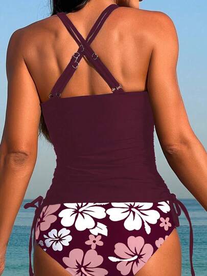 طقم تانكيني حريمي Swim Lushoire كامي كروس بطبعة زهور للنساء، قمصان علوية بتصميم دانتيل على شكل أربطة