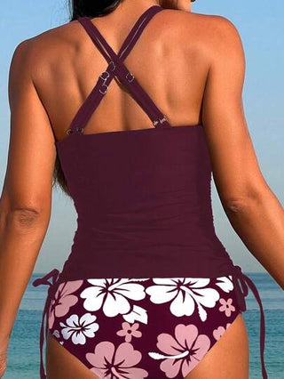 طقم تانكيني حريمي Swim Lushoire كامي كروس بطبعة زهور للنساء، قمصان علوية بتصميم دانتيل على شكل أربطة