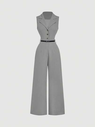 SHEIN MOD جمبسوت كاحل بني عتيق مع طوق بدلة وحزام، جمبسوت أنيقة، جمبسوت خروج، جمبسوت غربية، ملابس عطلة
