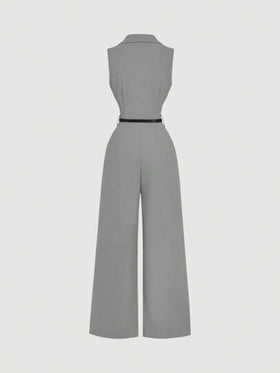 SHEIN MOD جمبسوت كاحل بني عتيق مع طوق بدلة وحزام، جمبسوت أنيقة، جمبسوت خروج، جمبسوت غربية، ملابس عطلة