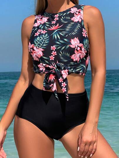 طقم تانكيني حريمي Swim Lushoire مجموعة ملابس السباحة النسائية الكاجوال مع رسمة نباتات استوائية، للشاطئ الصيفي