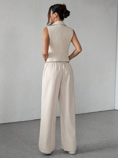 SHEIN PETITE مجموعتان من ملابس الخريف، مجموعة من قطعتين بلا أكمام وبنطال من قماش أحادي اللون ملابس للخريف للنساء