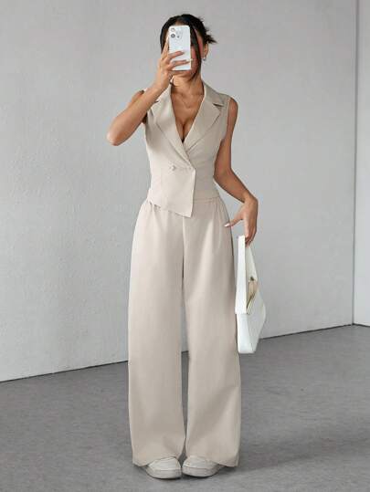 SHEIN PETITE مجموعتان من ملابس الخريف، مجموعة من قطعتين بلا أكمام وبنطال من قماش أحادي اللون ملابس للخريف للنساء