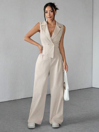 SHEIN PETITE مجموعتان من ملابس الخريف، مجموعة من قطعتين بلا أكمام وبنطال من قماش أحادي اللون ملابس للخريف للنساء
