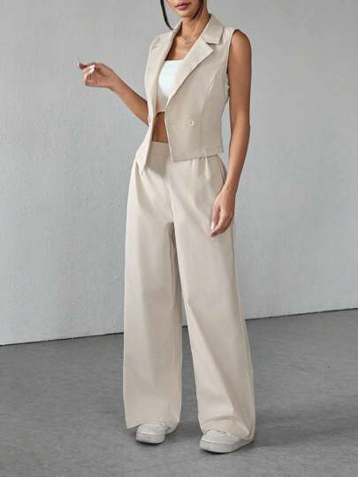 SHEIN PETITE مجموعتان من ملابس الخريف، مجموعة من قطعتين بلا أكمام وبنطال من قماش أحادي اللون ملابس للخريف للنساء