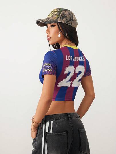 طقم تانكيني حريمي Coolane تيشيرت أطفال لصيف/ربيع النساء ضيق بياقة على شكل حرف V، مقصر، مشرب بالألوان الأزرق والأحمر بصفائر ونقشات أرقام، ملائم لخروج الشارع