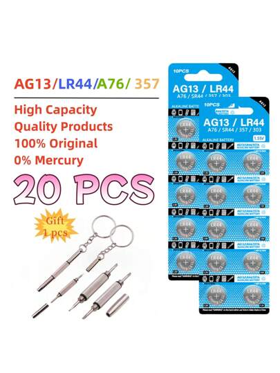 10-50 قطعة بطاريات LR44 AG13 بطاريات خلايا زر 1.5 فولت 357 SR44 LR1154 بطاريات عملة زر L1154 للساعات والألعاب والأجهزة عن بعد مع 1 مفك هدية