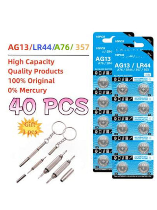 10-50 قطعة بطاريات LR44 AG13 بطاريات خلايا زر 1.5 فولت 357 SR44 LR1154 بطاريات عملة زر L1154 للساعات والألعاب والأجهزة عن بعد مع 1 مفك هدية