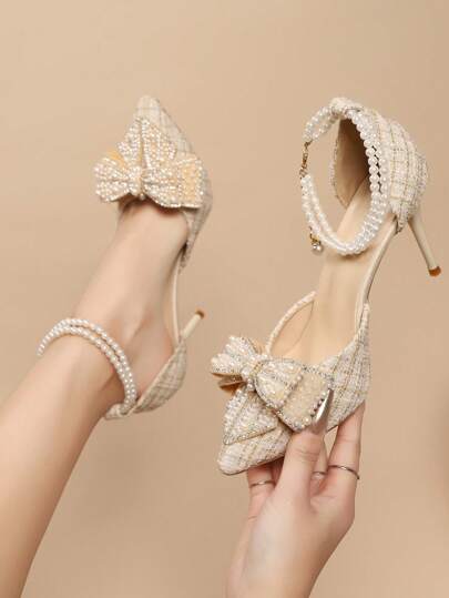 أحذية كعب عالي ذات أصبع مدبب مزينة بالراين ستون، تفاصيل فيونكة، حزام شفاف على الطراز الفرنسي، صنادل أنيقة، حذاء كعب نسائية، أنيقة، ملابس حفلات، ملابس زفاف، موديل ربيع/صيف 2025
