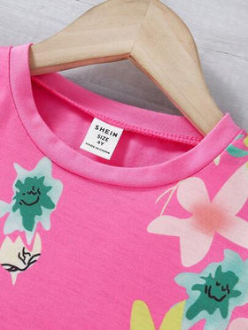 SHEIN Genkimix Kids مجموعة بنطلون وتي شيرت كاجوال مطبوع بالأزهار للفتيات الصغيرات، مناسبة للنزهات اليومية والأنشطة الرياضية، مجموعات ملابس صيفية للفتيات الصغيرات مع أكمام قصيرة