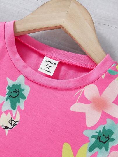 SHEIN Genkimix Kids مجموعة بنطلون وتي شيرت كاجوال مطبوع بالأزهار للفتيات الصغيرات، مناسبة للنزهات اليومية والأنشطة الرياضية، مجموعات ملابس صيفية للفتيات الصغيرات مع أكمام قصيرة
