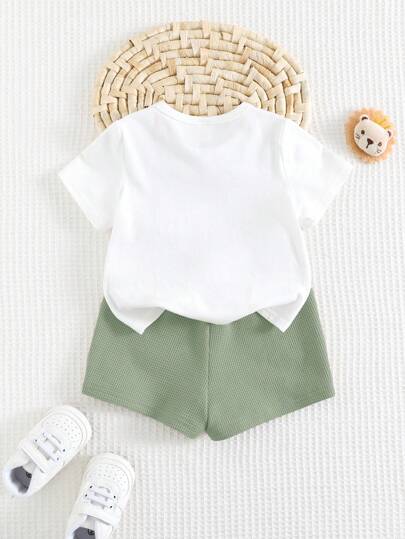 Cozy Pixies مجموعة ولادية مكونة من 2 قطعة، توب بياقة دائرية لطيف بطبعات حيوانات ناعم محبوك مع شورت خصر مطاطي