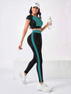 SHEIN Sport Studio بدلة رياضية للنساء متكونة من سترة بأكمام راجلان مقصر مع نقشات ملونة وسروال ضيق