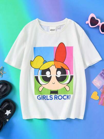 تيشيرتات بناتي THE POWERPUFF GIRLS X  تي شيرت لفتيات المراهقة بطبعة الزهور الشيك والكرتونية، مناسب لجميع المواسم
