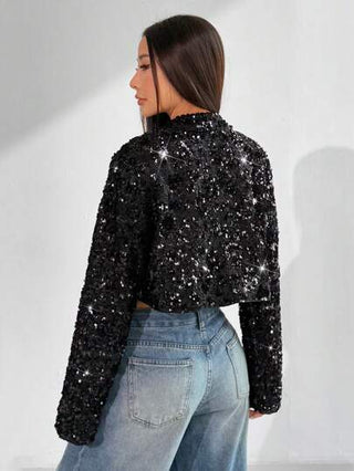 EZwear جاكيت قصيرة مزينة بترتر موضة بسيطة للنساء، صيفية