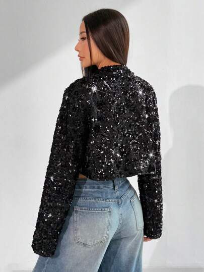 EZwear جاكيت قصيرة مزينة بترتر موضة بسيطة للنساء، صيفية