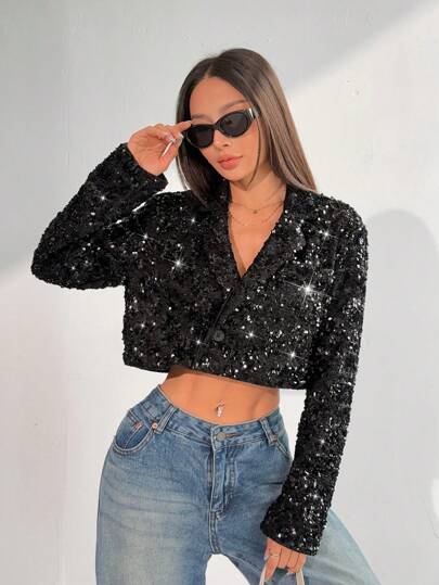 EZwear جاكيت قصيرة مزينة بترتر موضة بسيطة للنساء، صيفية