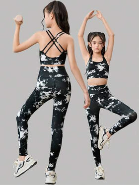 SHEIN مجموعة رياضية من الأعلى القصير بتصميم متقاطع الظهر والسراويل الضيقة الخصر العالي للفتيات المراهقات، مصنوعة من القماش المنسوج القابل للإسترخاء والصباغة، مناسبة للرياضة وملائمة للعودة للمدرسة