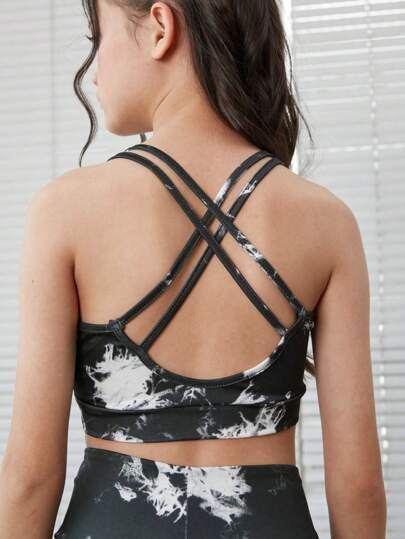 SHEIN مجموعة رياضية من الأعلى القصير بتصميم متقاطع الظهر والسراويل الضيقة الخصر العالي للفتيات المراهقات، مصنوعة من القماش المنسوج القابل للإسترخاء والصباغة، مناسبة للرياضة وملائمة للعودة للمدرسة