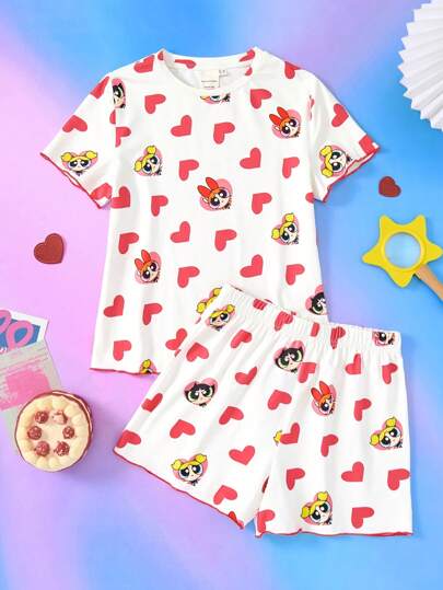 بيجاما THE POWERPUFF GIRLS X  مجموعة تي شيرت وشورت منزلية مكونة من قطعتين، مطبوع عليها قلب ومزهرية ، فقاعات ، بتلة زهرة، أنيقة وجذابة للفتيات في مرحلة المراهقة المناسبة للربيع والصيف