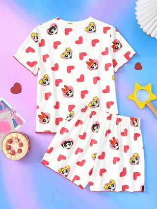 بيجاما THE POWERPUFF GIRLS X  مجموعة تي شيرت وشورت منزلية مكونة من قطعتين، مطبوع عليها قلب ومزهرية ، فقاعات ، بتلة زهرة، أنيقة وجذابة للفتيات في مرحلة المراهقة المناسبة للربيع والصيف