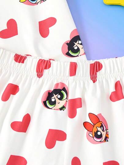 بيجاما THE POWERPUFF GIRLS X  مجموعة تي شيرت وشورت منزلية مكونة من قطعتين، مطبوع عليها قلب ومزهرية ، فقاعات ، بتلة زهرة، أنيقة وجذابة للفتيات في مرحلة المراهقة المناسبة للربيع والصيف