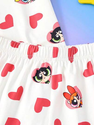 بيجاما THE POWERPUFF GIRLS X  مجموعة تي شيرت وشورت منزلية مكونة من قطعتين، مطبوع عليها قلب ومزهرية ، فقاعات ، بتلة زهرة، أنيقة وجذابة للفتيات في مرحلة المراهقة المناسبة للربيع والصيف