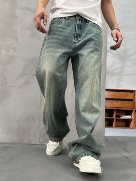 سراويل جينز كاجوال فضفاضة واسعة الساق للرجال من HEHCN، طراز انتريهي أزرق لشارع الموضة، مناسبة كهدية لزوج أو حبيب
