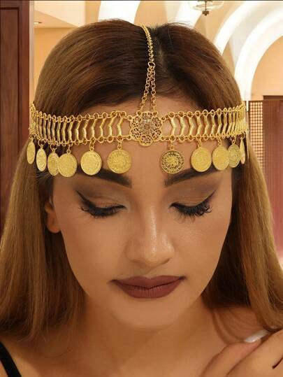 سلسلة شعر بها عملات معدنية وشرابات ذهبية مزينة بحجر راين للنساء على الطراز العربي ،إكسسوار شعر للعرائس والزفاف