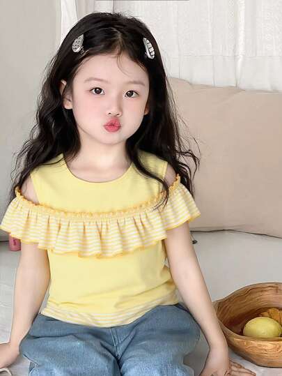 تيشيرتات بناتي Genkimix Kids تي شيرت قصيرة الأكمام للبنات الصغيرات بأكتاف مكشوفة ورقعة لطيفة وحلوة وكشكشة، تصميم صيفي أنيق ومدهش