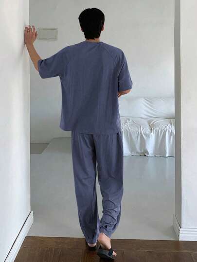 DAZY طقم بيجامة رجالي صيفي من قميص وبنطلون رمادي أحادي اللون، ملابس خريف وشتاء