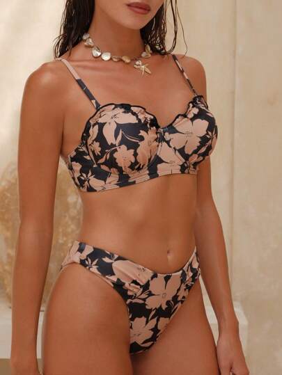 Swim Chiccia بيكينى من قطعتين للنساء، بكشكشة دفع لأعلى والبنطلون الأمامي بطبعة زهور، ملابس شاطئية لرحلات الصيف والعطلات
