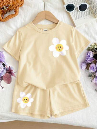 girls-sets بدلة قصيرة الأكمام المكونة من قطعتين ملائمة للفتيات المراهقات ذات الطراز الصيفي البسيط والكاجوال