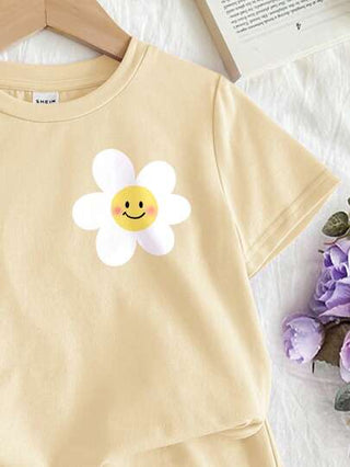 girls-sets بدلة قصيرة الأكمام المكونة من قطعتين ملائمة للفتيات المراهقات ذات الطراز الصيفي البسيط والكاجوال