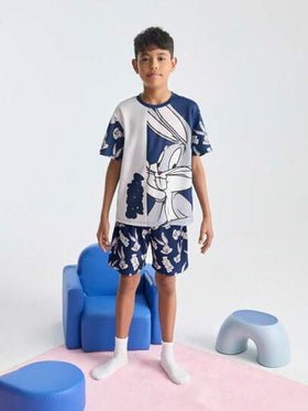LOONEY TUNES X SHEIN طقم بيجاما لمراهق مريح مكون من تي شيرت كاجوال بأكمام قصيرة وشورت مطبوع عليه رسوم أرنب كرتوني