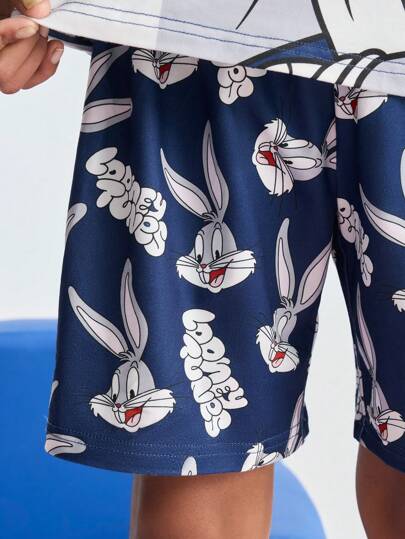 LOONEY TUNES X SHEIN طقم بيجاما لمراهق مريح مكون من تي شيرت كاجوال بأكمام قصيرة وشورت مطبوع عليه رسوم أرنب كرتوني