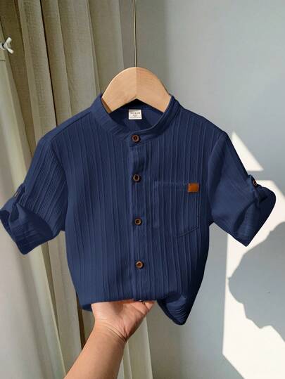 SHEIN LMoss Kids قميص عفوي عصري ذو أكمام لصبي صغير من الكتان بياقة عالية والجيب، مناسب للاستخدام اليومي، قطعة واحدة