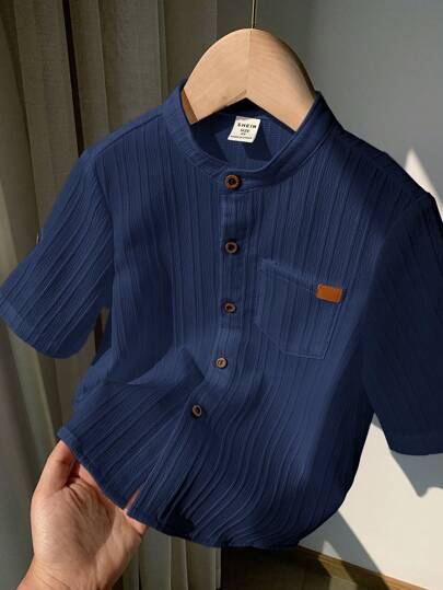 SHEIN LMoss Kids قميص عفوي عصري ذو أكمام لصبي صغير من الكتان بياقة عالية والجيب، مناسب للاستخدام اليومي، قطعة واحدة