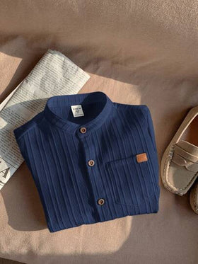 SHEIN LMoss Kids قميص عفوي عصري ذو أكمام لصبي صغير من الكتان بياقة عالية والجيب، مناسب للاستخدام اليومي، قطعة واحدة