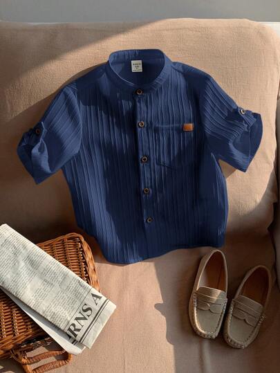 SHEIN LMoss Kids قميص عفوي عصري ذو أكمام لصبي صغير من الكتان بياقة عالية والجيب، مناسب للاستخدام اليومي، قطعة واحدة