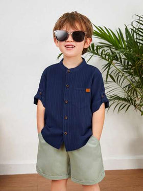 SHEIN LMoss Kids قميص عفوي عصري ذو أكمام لصبي صغير من الكتان بياقة عالية والجيب، مناسب للاستخدام اليومي، قطعة واحدة