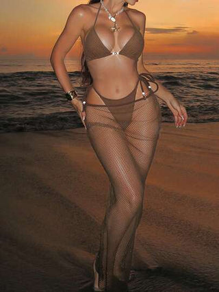 طقم تانكيني حريمي Swim SXY طقم أنثوي من 3 قطع للشاطئ: خزان علوي ذو حمالات رفيعة وظهر مكشوف بزخرفة اللؤلؤ ذي لون أحادي, وتنورة شفافة مربوطة بجانب للشاطئ, بكيني صيفي للعطلة