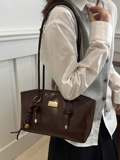 1 حقيبة بولينج ذات موحد اللون من البولي يوريثان، سعة كبيرة، شنطة كتف موضة جديدة وقديمة، مكسوة بالحشو مع إغلاق بسوستة، مناسبة للاستخدام اليومي للمرأة