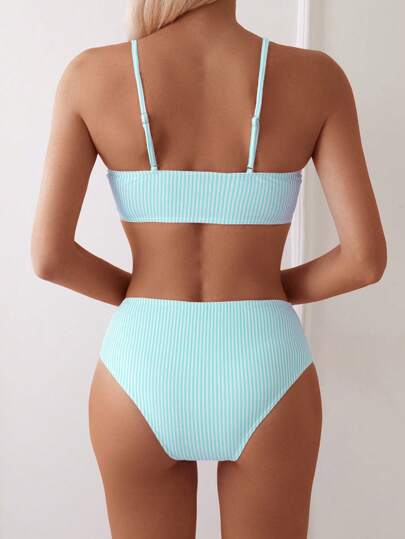 Swim مجموعة بكيني ملابس علوية مخطط عشوائية وسفلي بكيني عالي الخصر للسيدات, كاجوال للشاطئ والعطلات, الربيع والصيف