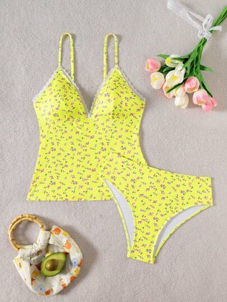 طقم تانكيني حريمي Swim Mod ملابس شاطئية للنساء قطعتين من نسيج مموج ومرقع بالدانتيل، بلوزة عنق حلقي، ملابس سباحة أنيقة وسويتي للفتيات للاستمتاع بأوقات الصيف، حفلة المسبح