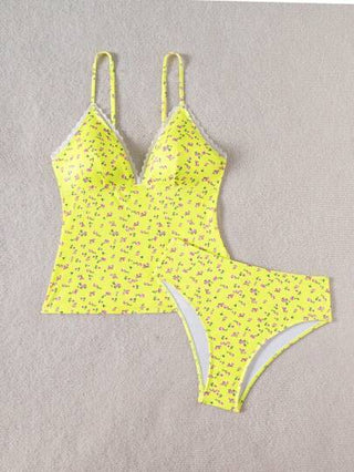 طقم تانكيني حريمي Swim Mod ملابس شاطئية للنساء قطعتين من نسيج مموج ومرقع بالدانتيل، بلوزة عنق حلقي، ملابس سباحة أنيقة وسويتي للفتيات للاستمتاع بأوقات الصيف، حفلة المسبح