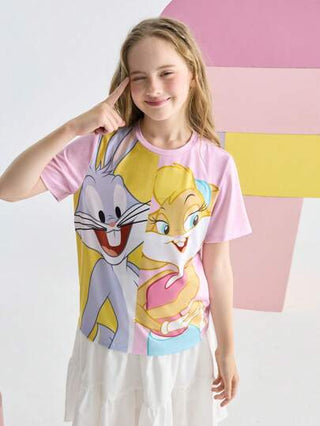 ملابس بناتي LOONEY TUNES X  تي شيرت كم قصير برقبة طاقم مطبوع برسوم أرنب للفتيات المراهقات